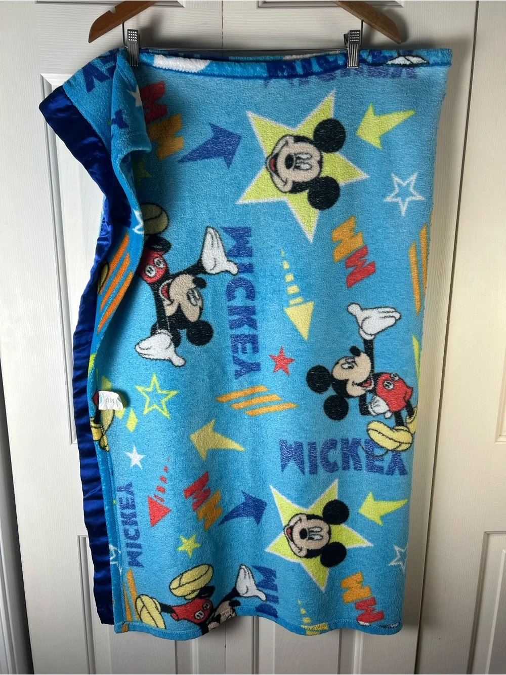 Disney Mickey Mouse Stars Blue Blanket Throw Silky Satin Edge Trim Arrows Orange